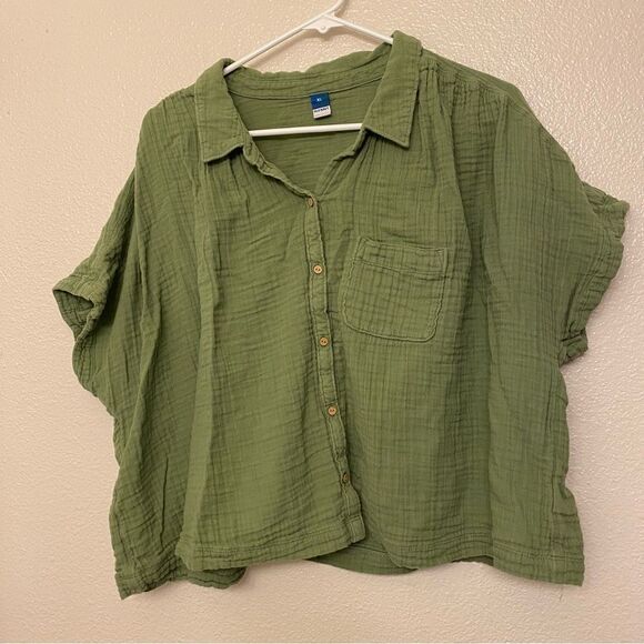 Old navy sage  green muslin cotton button front Top blouse oversized cropped XL - Picture 3 of 9